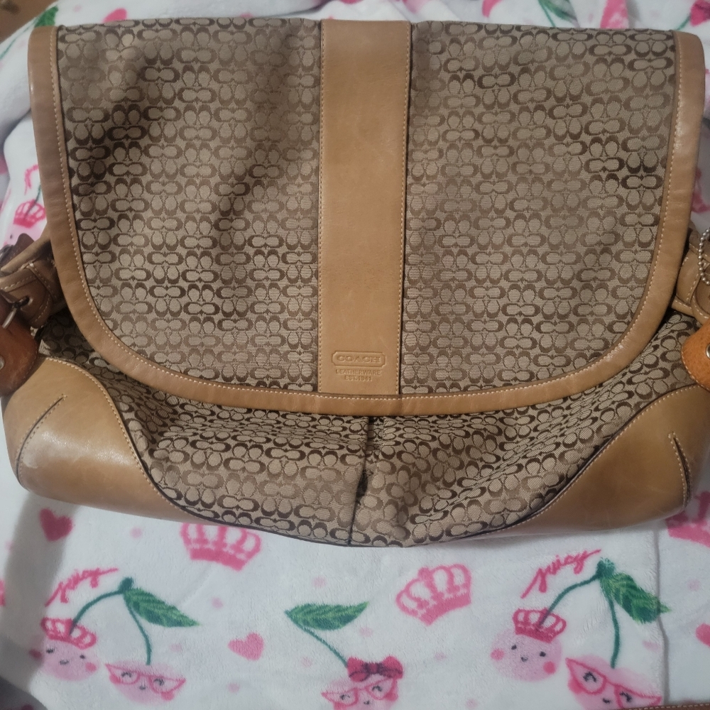 Coach Vtg Crossbody Messenger Travel Bag Jacquard Leather Large Camel Brown 2003